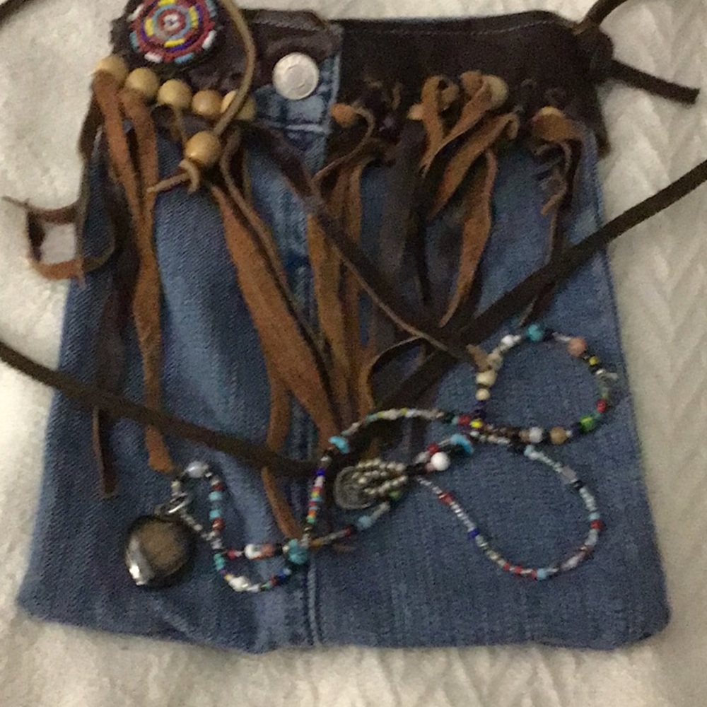 OOAK small jeans bag with leather fringe